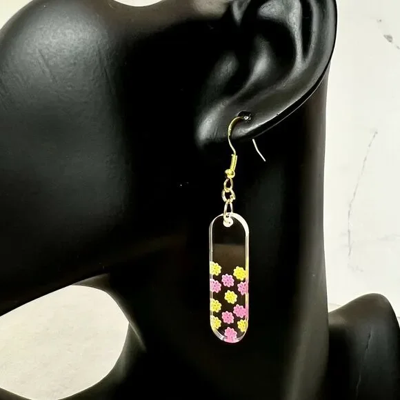 Pink and Yellow Flower Engraved Acrylic Dangle Earrings - Picture 3 of 4